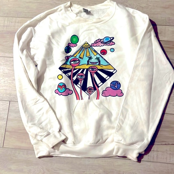 Trippy Sweatshirt SMALL white colorful cosmic beach space eye planets abstract - Picture 1 of 6